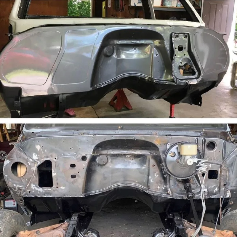 Bead rolled firewall shown installed in a 73-87 Chevy squarebody truck