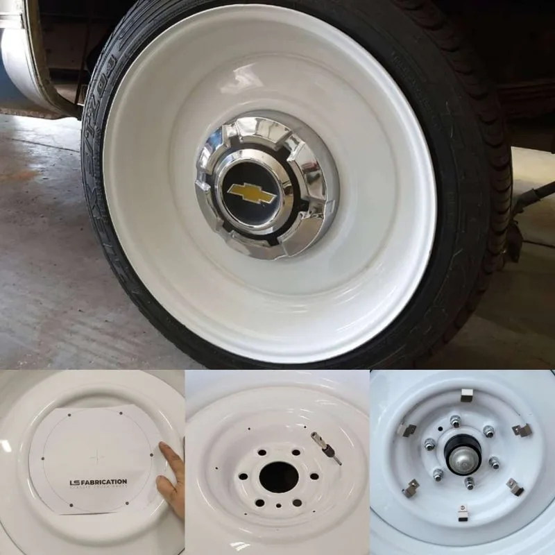 Hub cap clip installation on a classic truck steel wheel with the six-hole template