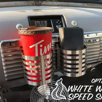 1947-1954 Custom GMC Chevy Truck Cup Holders Installed Stainless steel cup holder for 47-53 GMC Chevy truck, close-up detail
