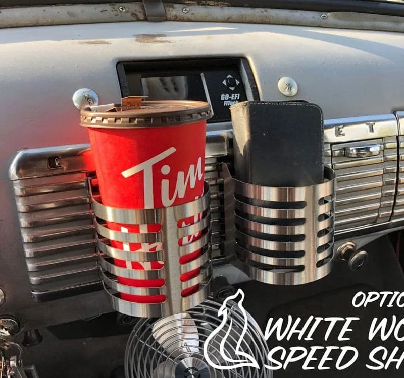 Stainless steel cup holder for 47-53 GMC Chevy truck, close-up detail