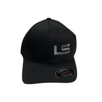 Charcoal grey embroidered LS Fabrication Flexfit hat, front view