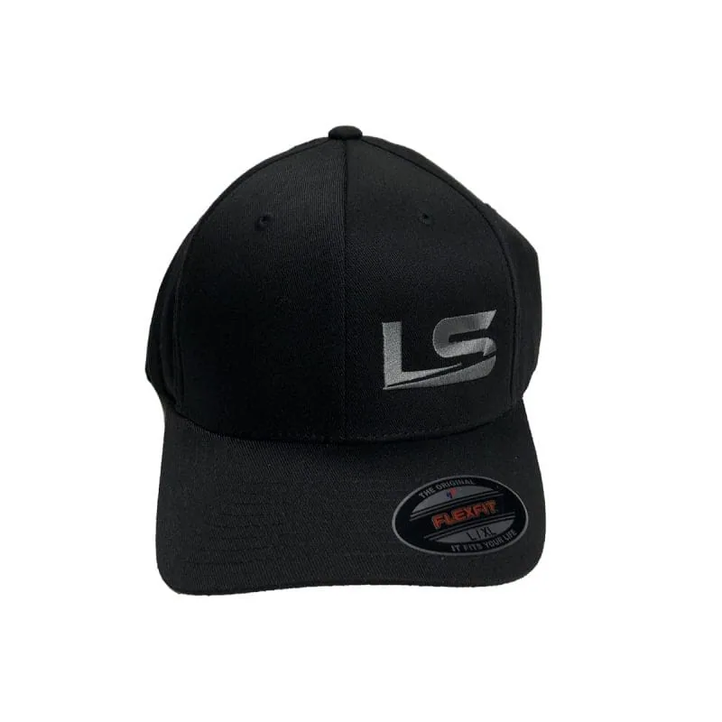 Charcoal grey embroidered LS Fabrication Flexfit hat, front view