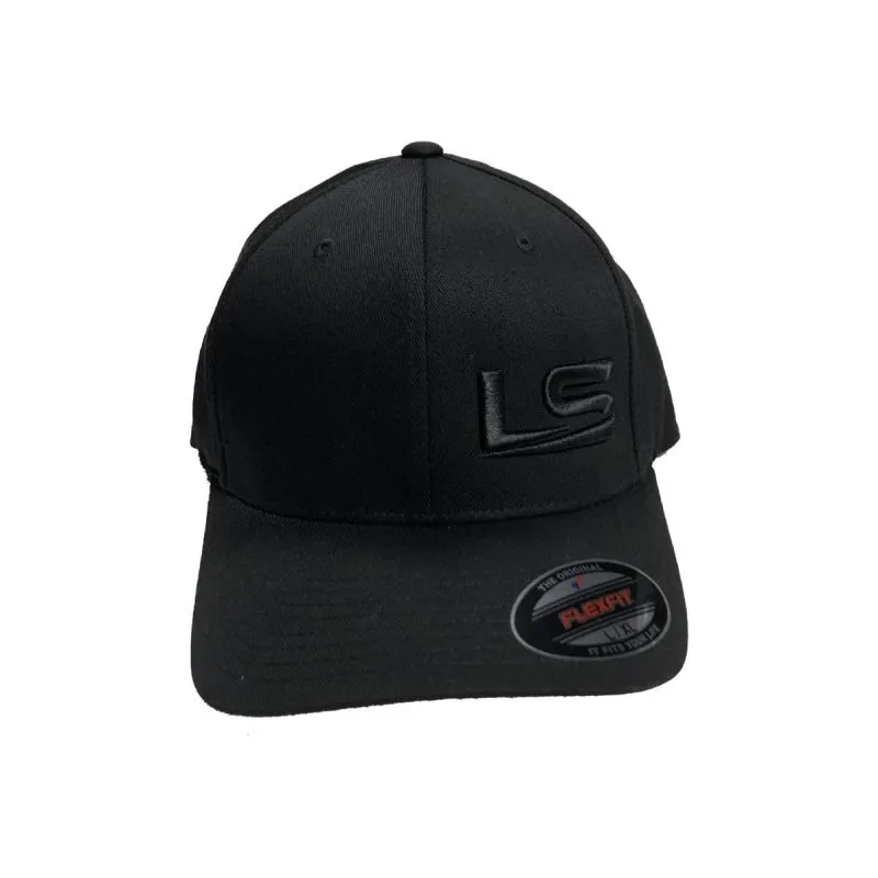 Black LS Fabrication Flexfit hat, side view of the curved brim