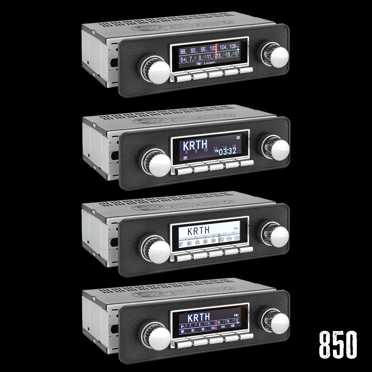 Classic-look Bluetooth radio for vintage trucks, faceplate control detail