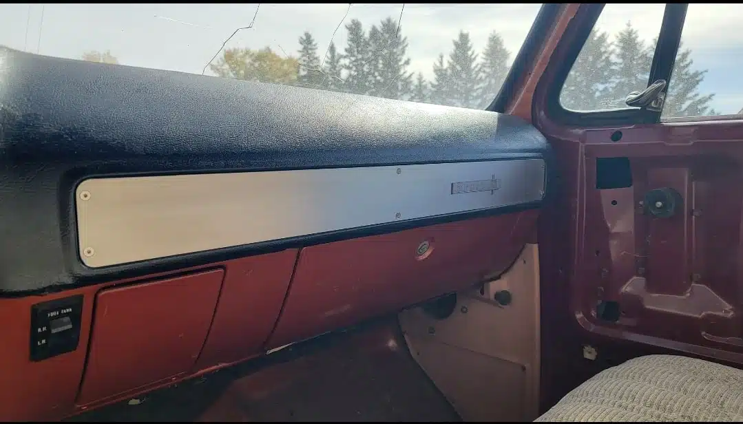 Aluminum dash insert shown installed in a 73-80 Chevy squarebody truck dash