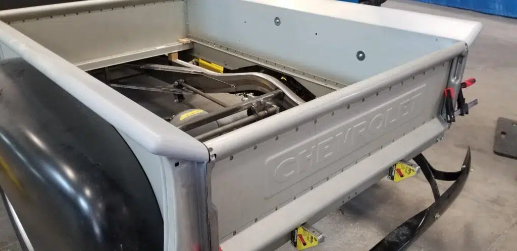 Finished truck bed with installed radius bed corners