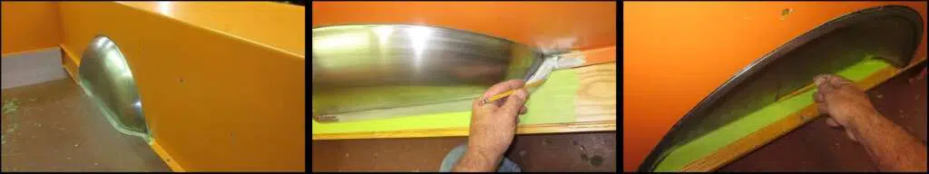 Marking board for bed floor fitment near wheel tub