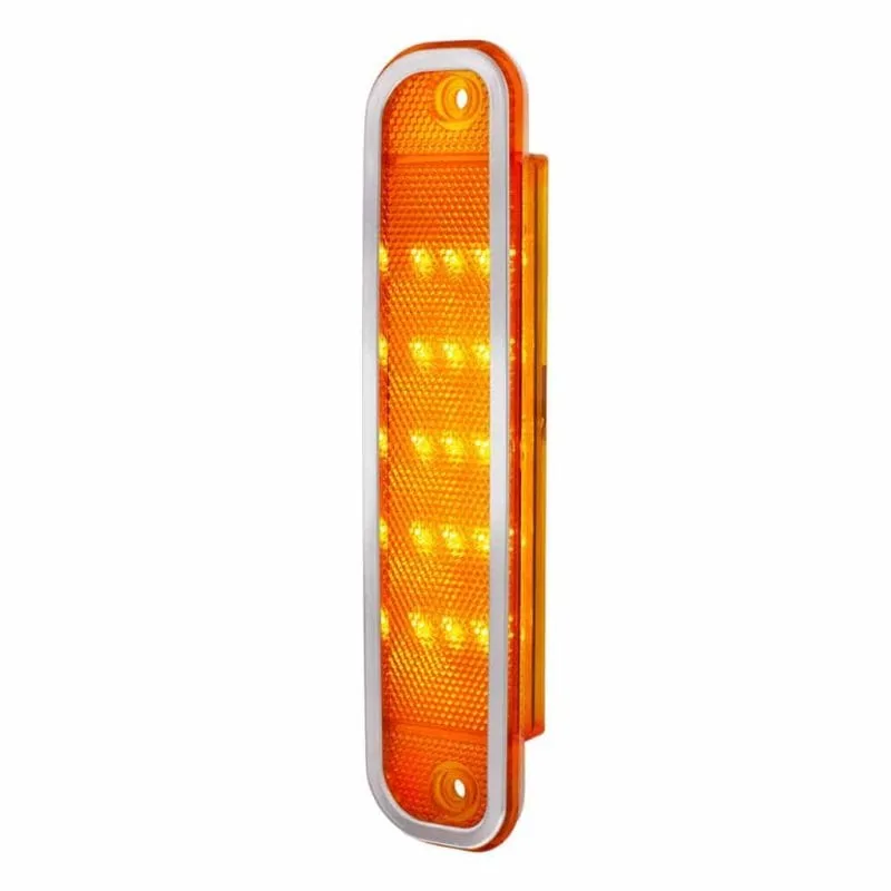Amber lens LED side marker with stainless trim for 1973-80 Chevy GMC truck, angled