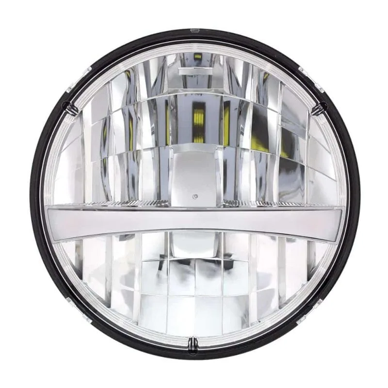 7 inch LED headlight with white position bar, front face view