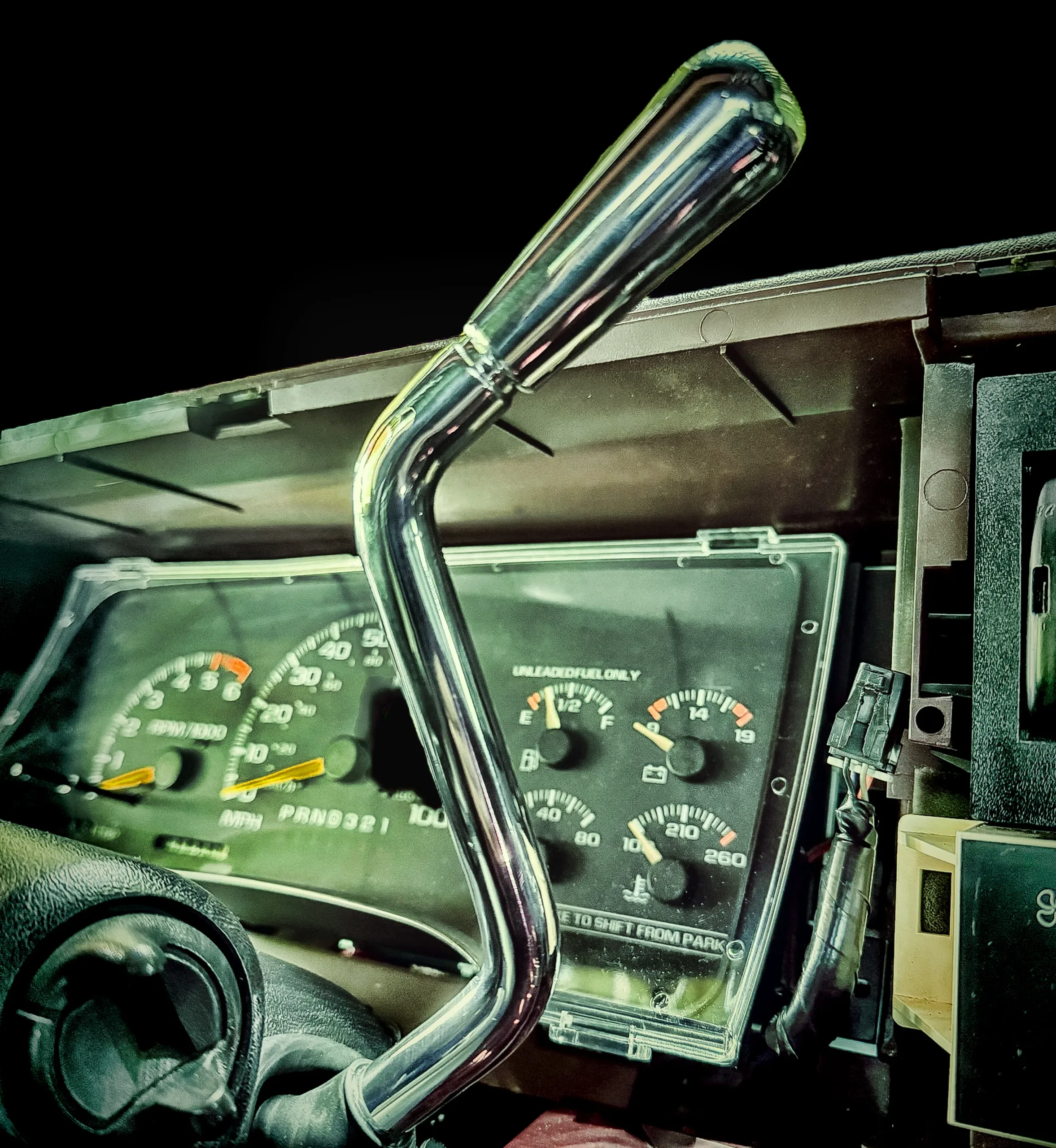 Billet shift lever shown installed in a 95-99 GMC Chevy OBS truck