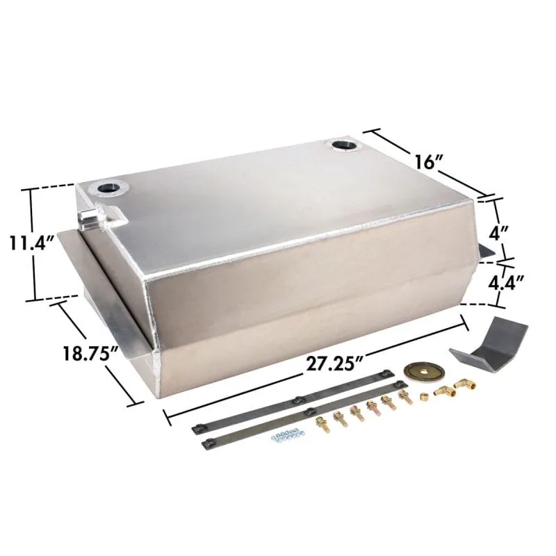 Aluminum fuel tank for 63-72 Chevy truck with dimensions marked
