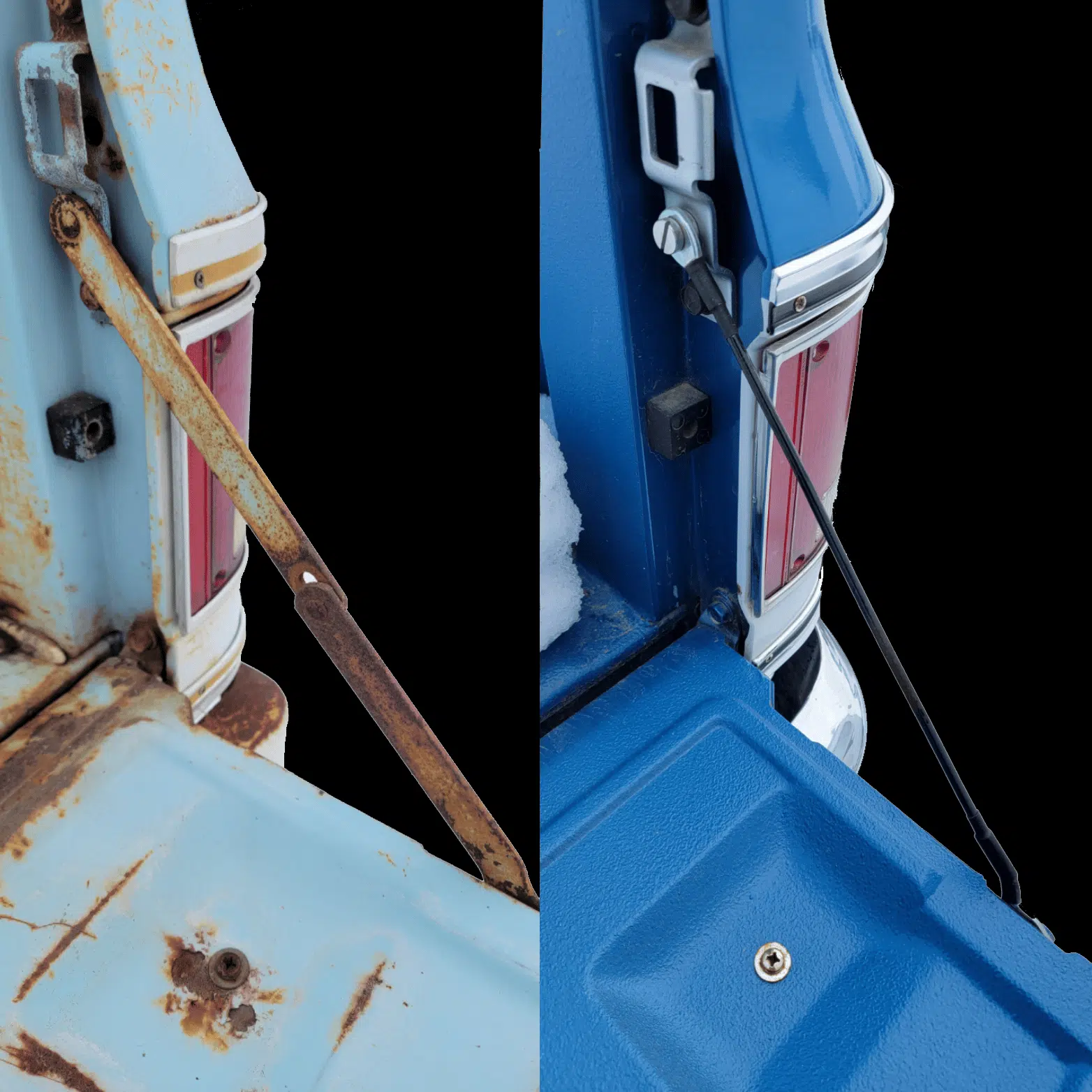1973-87 tailgate cables installed on a Squarebody Chevy truck tailgate