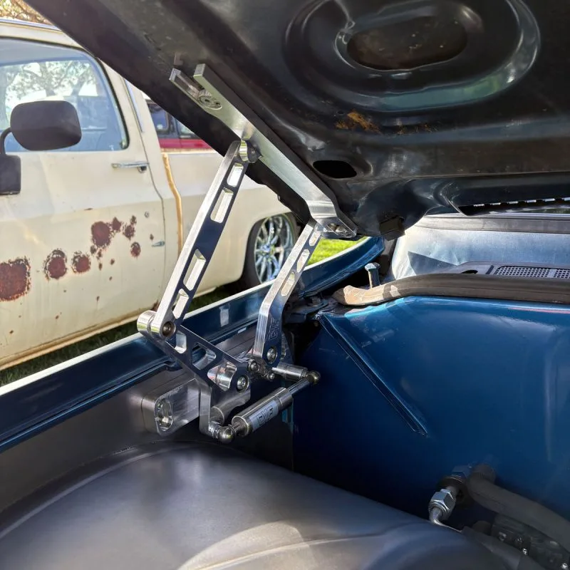 Billet aluminum hood hinges for 73-80 GMC Chevy truck, pair shown