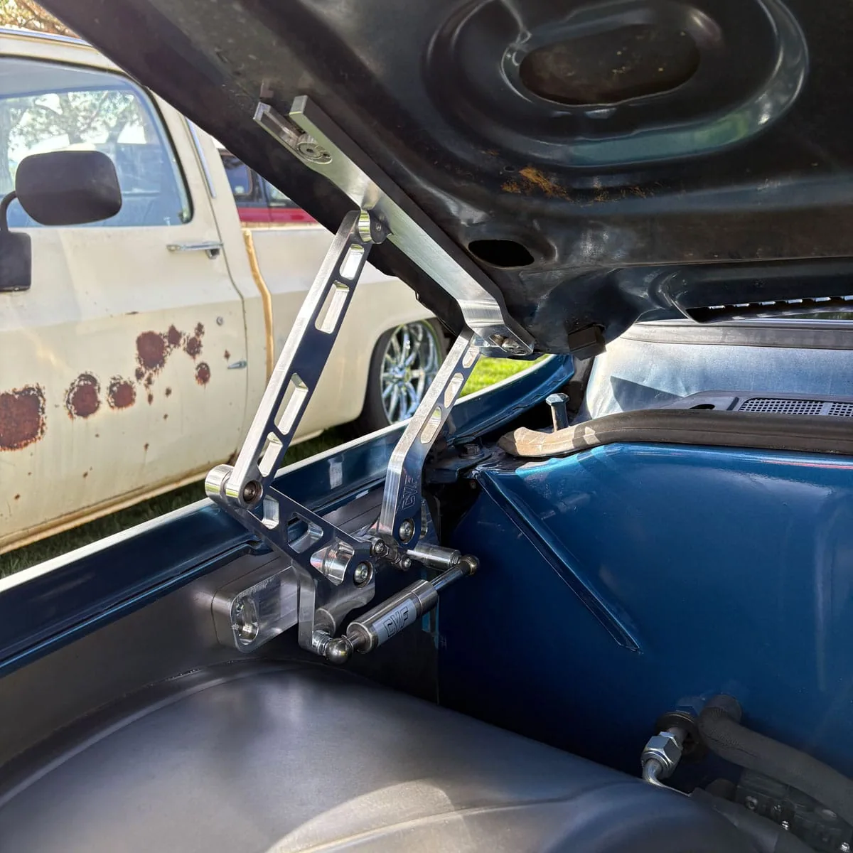 Billet aluminum hood hinges for 73-80 GMC Chevy truck, pair shown
