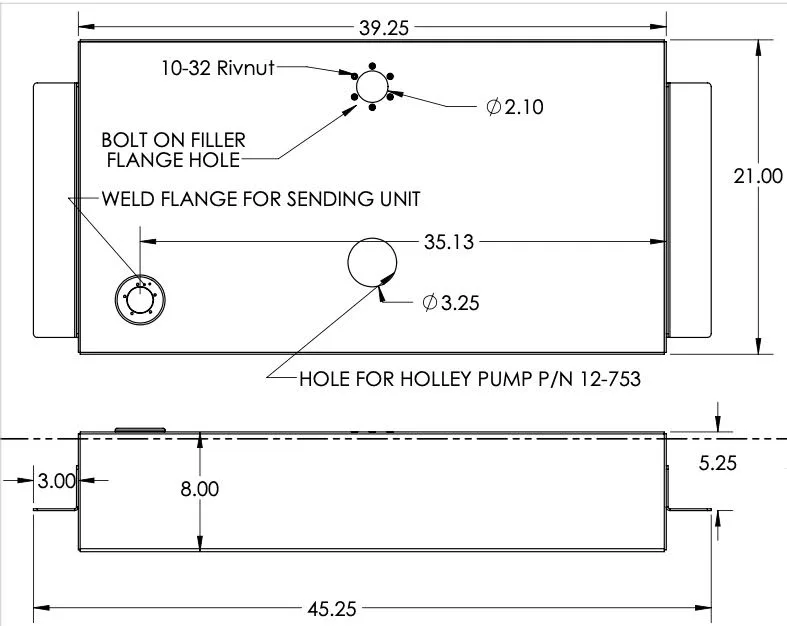 Dimension drawing for the 47-53 Chevy aluminum 23 gallon fuel tank