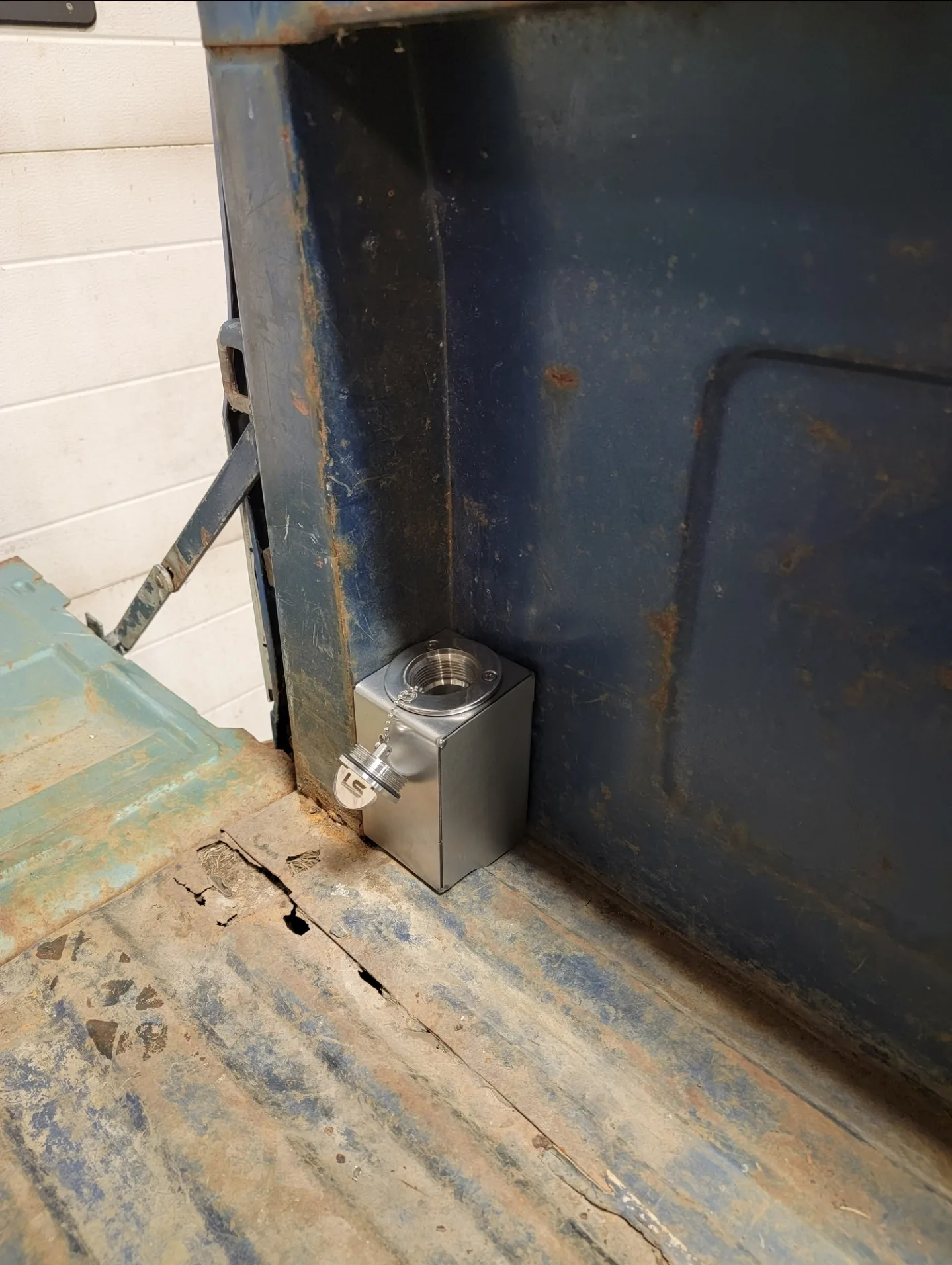 Inside box panel fuel filler for 67-87 GMC Chevy truck, detail view