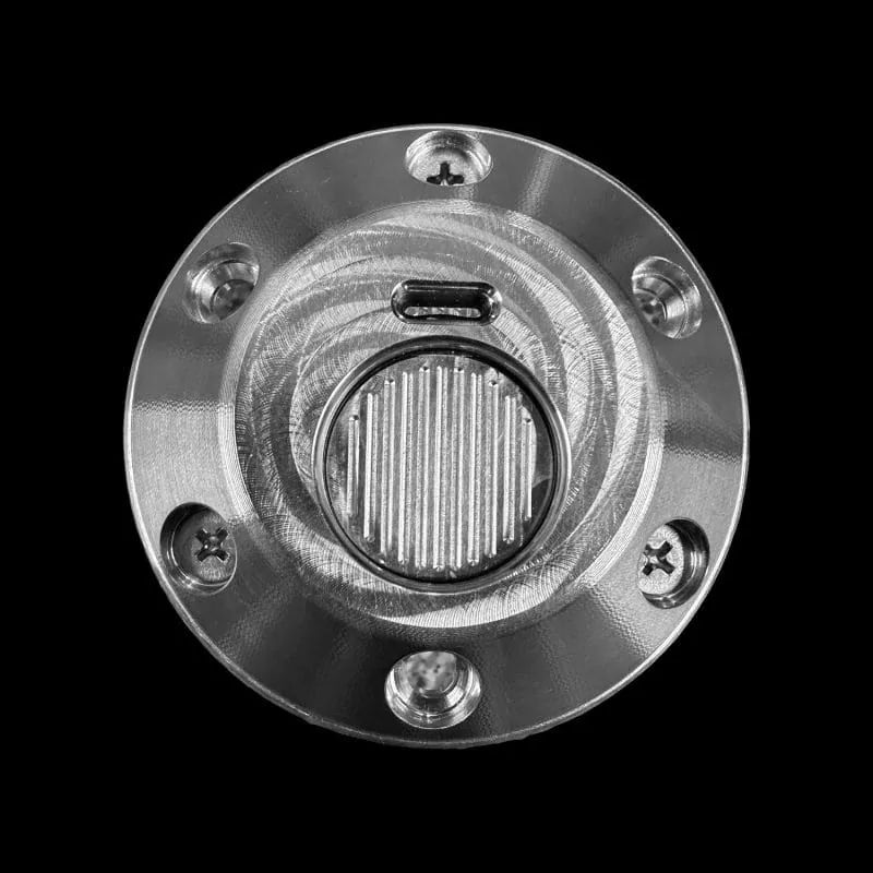 Billet aluminum fuel filler neck showing the cap and mounting flange