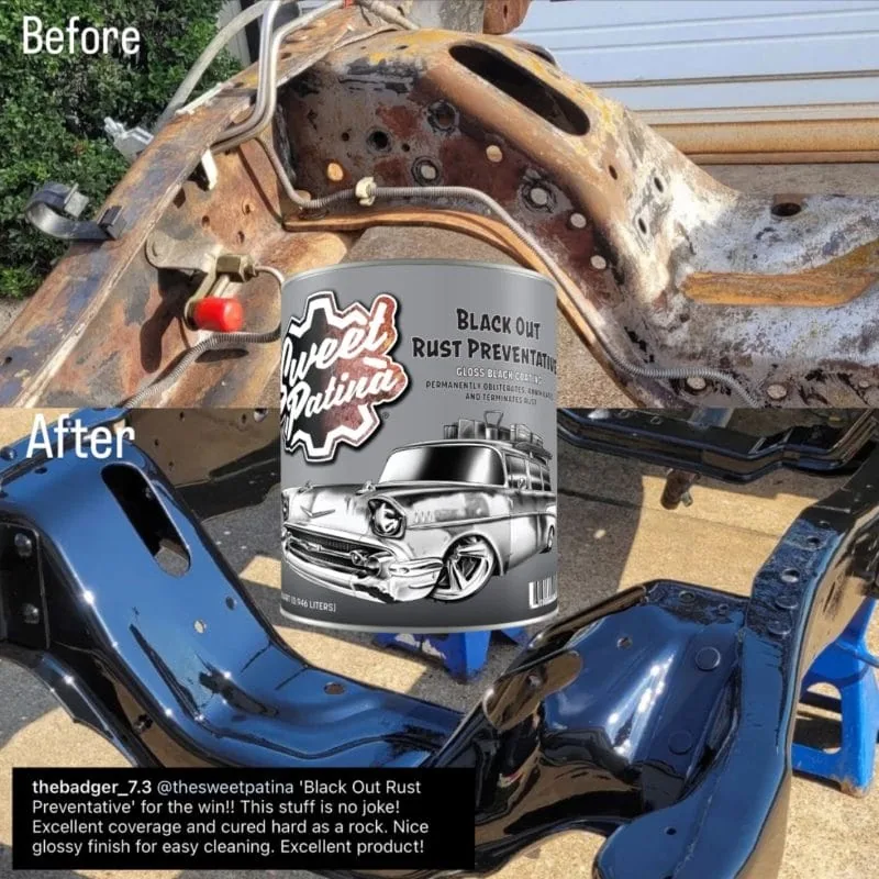 Rusty truck panel treated with BLACK OUT rust preventative coating
