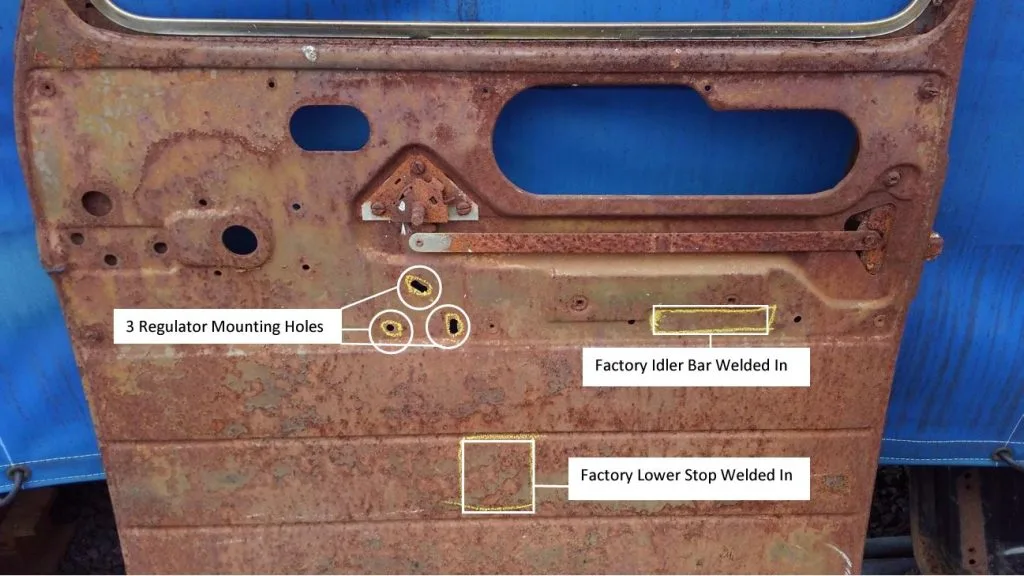 Power window kit mounted on a 1947-50 Chevy truck door, right side