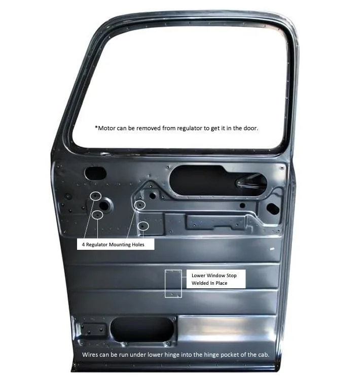 Power window kit mounted on a 1951-55 1st Series Chevy truck door, right side