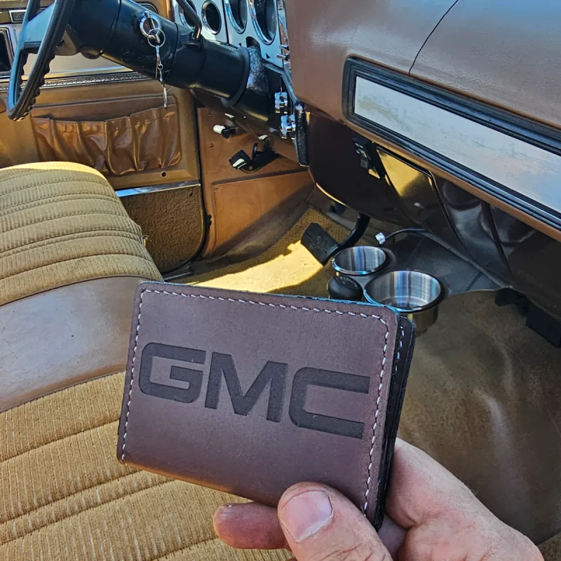 Leather registration holder for classic Chevy GMC trucks, closed front