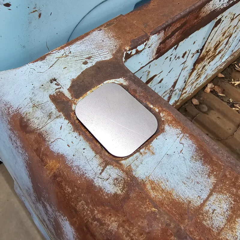 Stake pocket deletes installed along a 67-72 Ford truck bed side