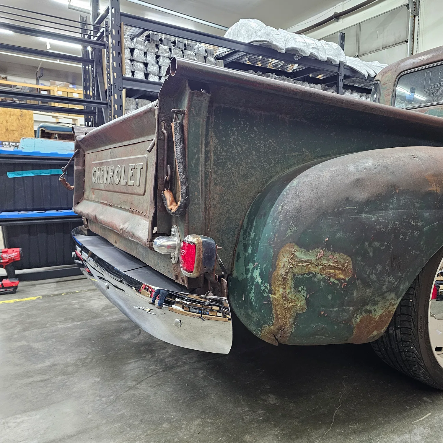 Tucked bumper brackets and filler panels shown installed on a 47-54 truck