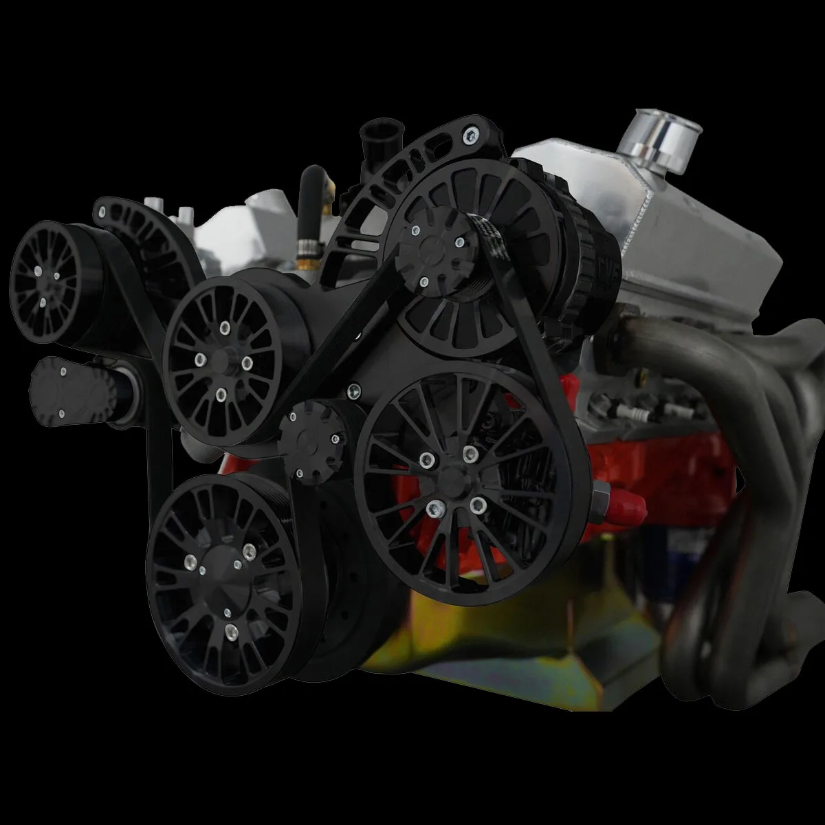 Stealth black Reaper small block serpentine kit, alternate angle