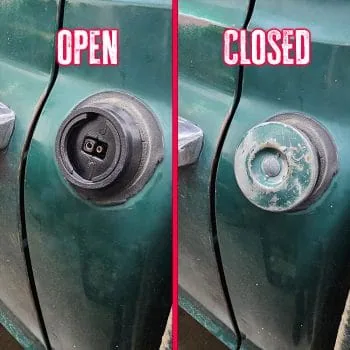 Trickle charge adapter fuel filler shown open and closed