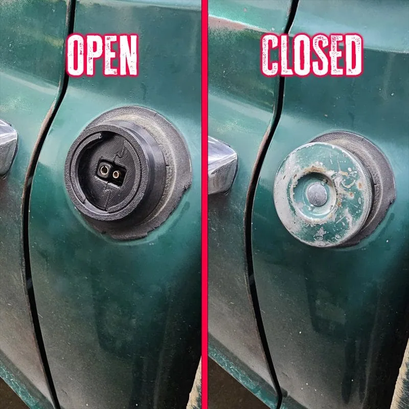 Trickle charge adapter fuel filler shown open and closed