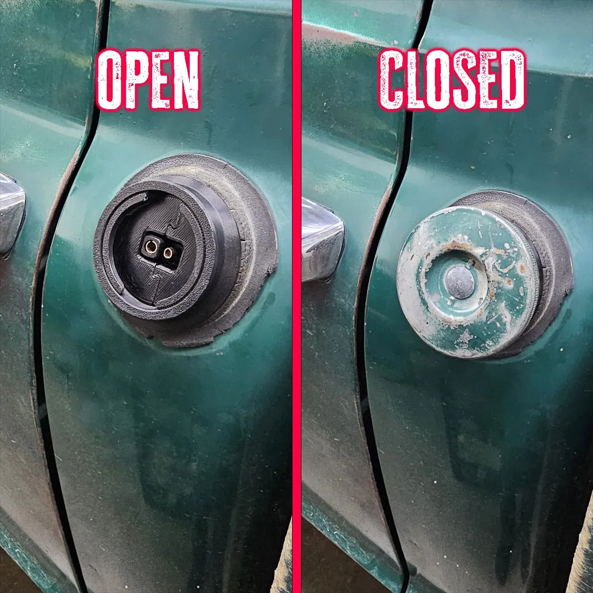Trickle charge adapter fuel filler shown open and closed
