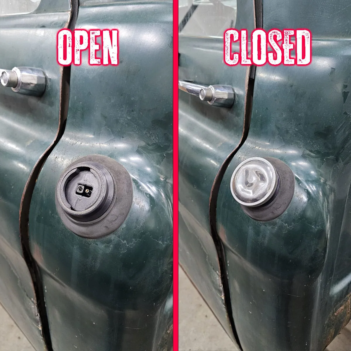Trickle charge adapter fuel filler relocation kit shown open and closed