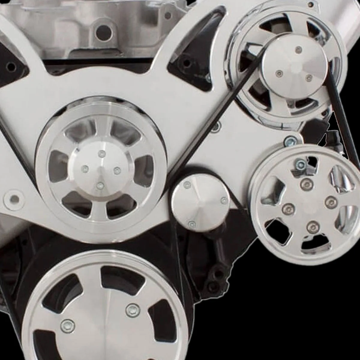 Polished Wraptor big block serpentine drive, alternate angle