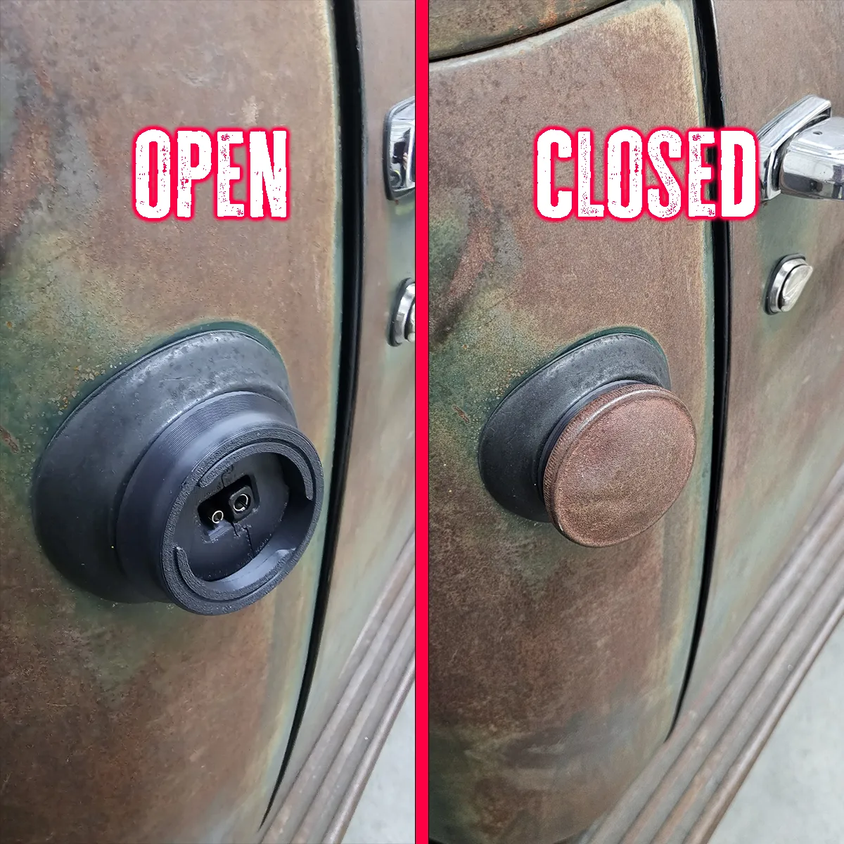 Trickle charge adapter shown open and closed in the 47-54 truck fuel filler kit