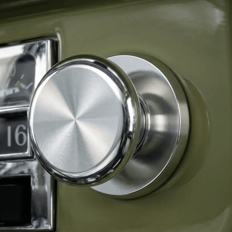 Billet dash knob shown mounted on a classic truck dash panel