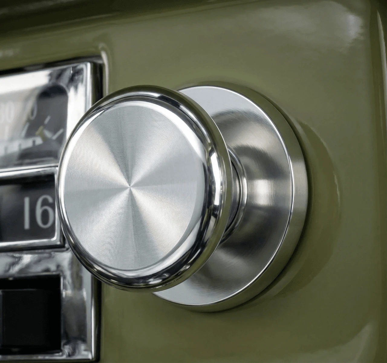 Billet dash knob shown mounted on a classic truck dash panel