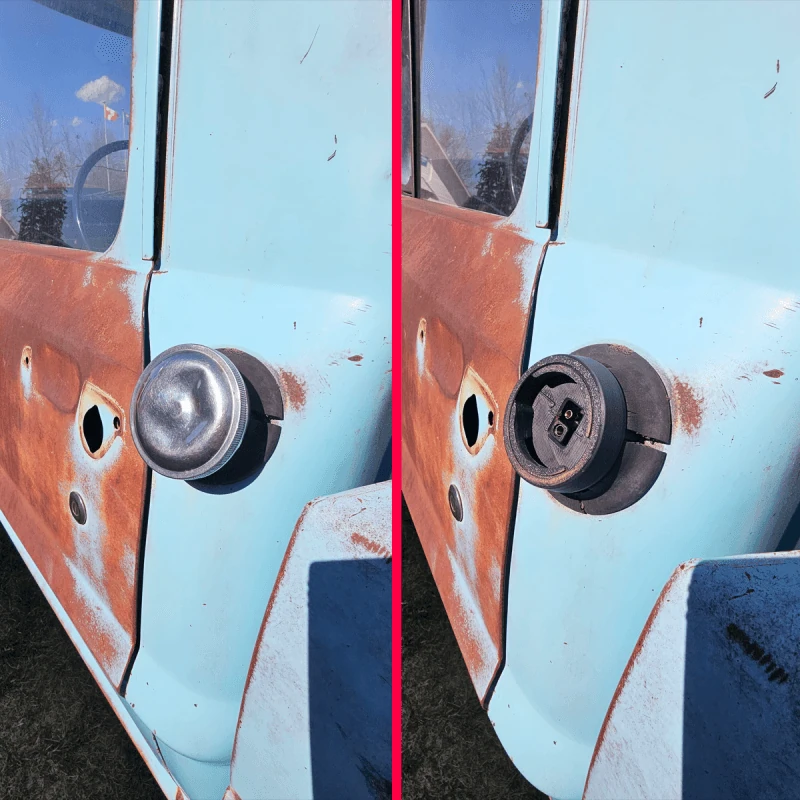 Charge port mounted in the fuel filler location on a 67-72 Ford truck