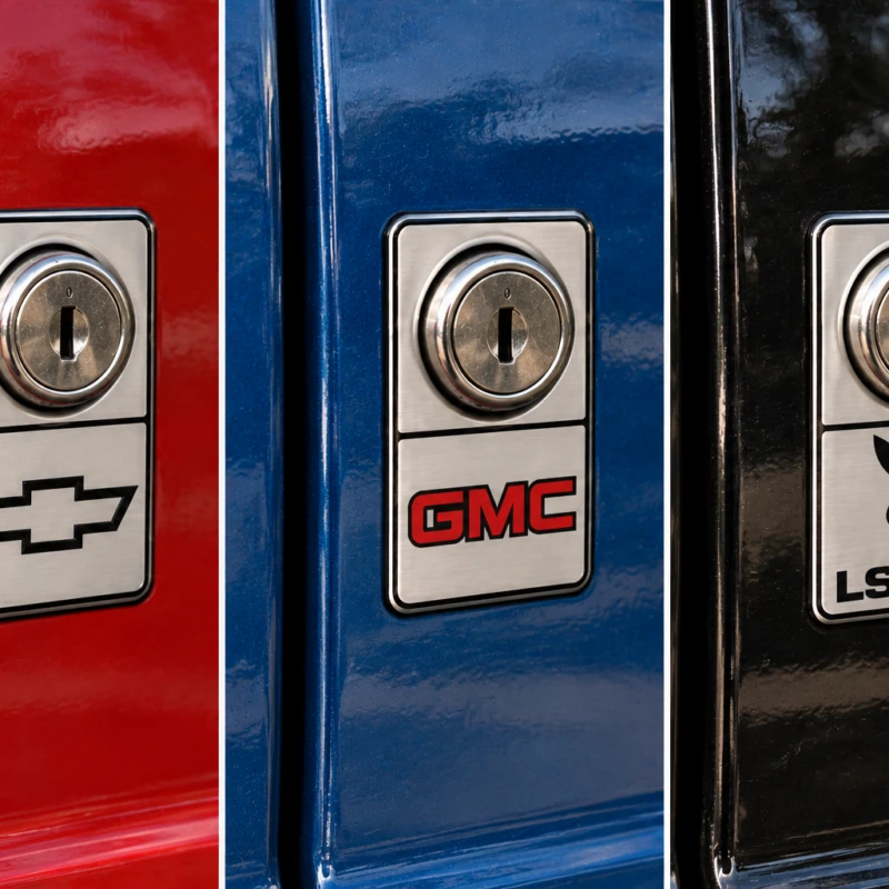Door Lock Scratch Guards installed around the door lock cylinders of three classic trucks