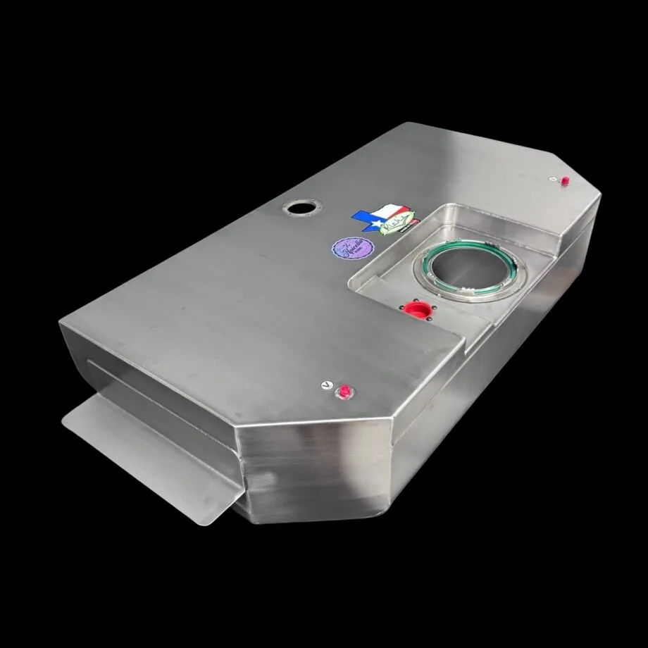 Stainless 22 gallon fuel tank for 47-53 Chevy GMC truck showing clipped corners and mounting flange
