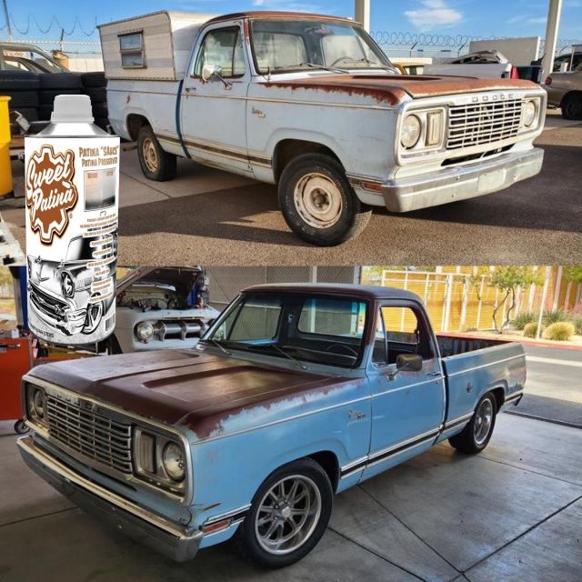 It’s truly amazing what you’ll find under decades of neglect and oxidation! Who would have thought that blue was hiding under all that chalky oxidation??
Checkout this ‘77 D100 from mattyice_az that was scrubbed and cleaned, the paint was polished and then topped off with our Patina “Sauce”®. Polish the paint, treat the rust!
#sweetpatina #dodge #d100 #patinasauce #patinacare #patinapreserver #polishedandsauced #savetheclassics #notaclearcoat #notbuiltforyourapproval